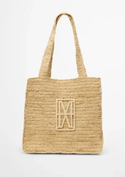 Raffia-Shopper mit gesticktem Logo