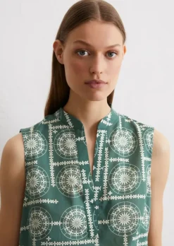 Ärmellose Print-Bluse flared aus leichtem Baumwoll-Voile