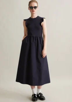 Volant-Jerseykleid flared mit Baumwoll-Popelinerock